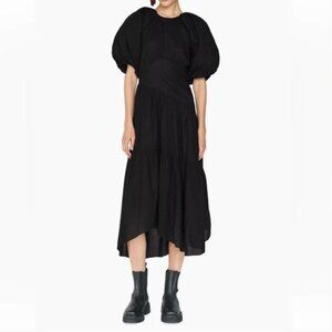 Frame Gathered Seam Puff Sleeve Asymmetric Cotton Seersucker Midi Dress - Size S